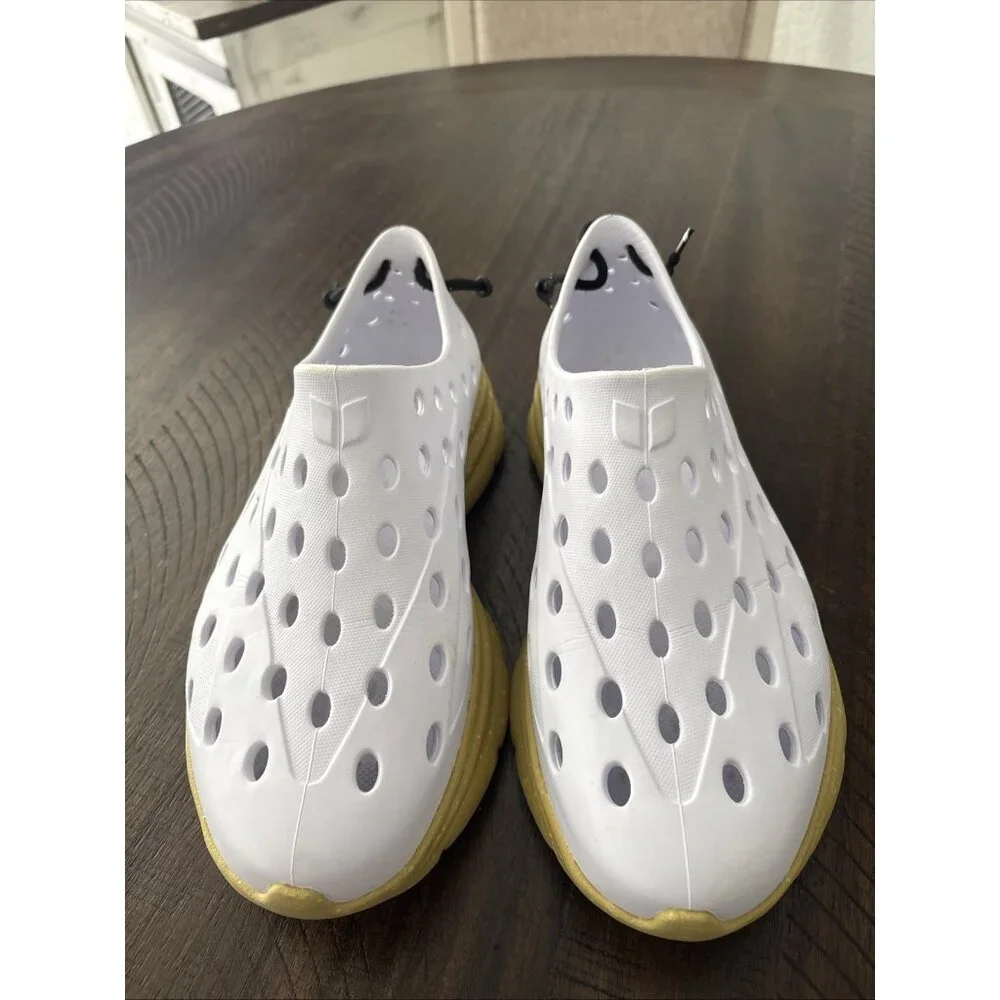 White Slip-On Ventilated Men's Loafers with Gold Sole